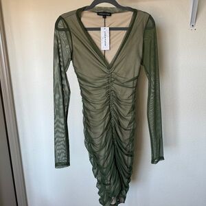 NWT Olive Green Dress M Mesh Midi Dress Long Sleeve Party Dress Cocktail Dress